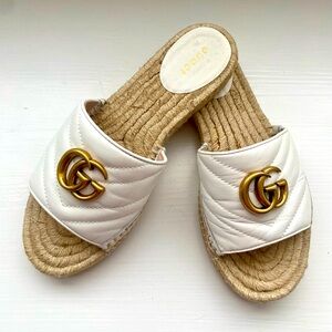 GUCCI white leather espadrilles with gold heritage double-g hardware. Worn once